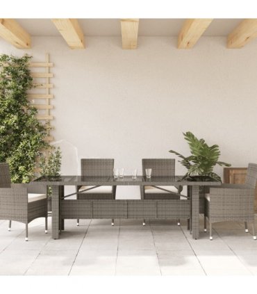 vidaXL Garden Table with Glass Top Grey 240x90x75 cm Poly Rattan — Size: 240 x 90 x 75 cm