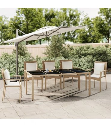 vidaXL Garden Table with Glass Top Beige Poly Rattan&Tempered Glass — Size: 190 x 90 x 75 cm