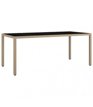 vidaXL Garden Table with Glass Top Beige Poly Rattan&Tempered Glass — Size: 190 x 90 x 75 cm