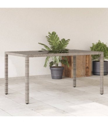 vidaXL Garden Table with Glass Top Grey 150x90x75 cm Poly Rattan — Size: 150 x 90 x 75 cm