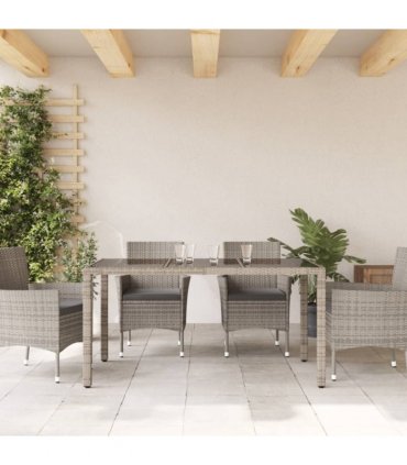 vidaXL Garden Table with Glass Top Grey 150x90x75 cm Poly Rattan — Size: 150 x 90 x 75 cm