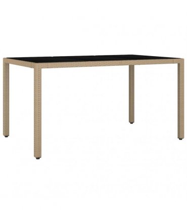 vidaXL Garden Table with Glass Top Beige Poly Rattan&Tempered Glass — Size: 150 x 90 x 75 cm
