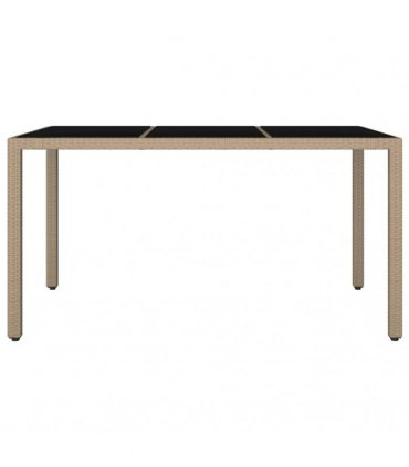vidaXL Garden Table with Glass Top Beige Poly Rattan&Tempered Glass — Size: 150 x 90 x 75 cm