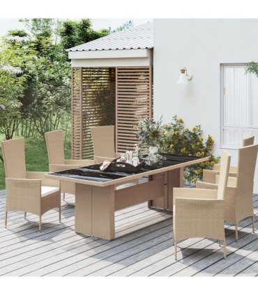 vidaXL Garden Table with Glass Top Beige Poly Rattan&Tempered Glass — Size: 240 x 90 x 75 cm