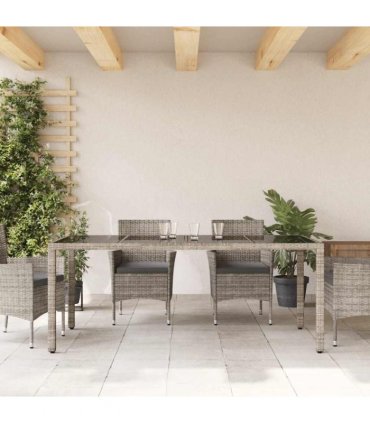 vidaXL Garden Table | Grey | PE rattan, powder-coated steel, tempered glass — Size: 190 x 90 x 75 cm