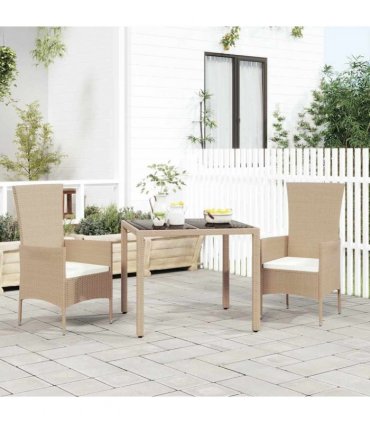 vidaXL Garden Table with Glass Top Beige Poly Rattan&Tempered Glass — Size: 90 x 90 x 75 cm