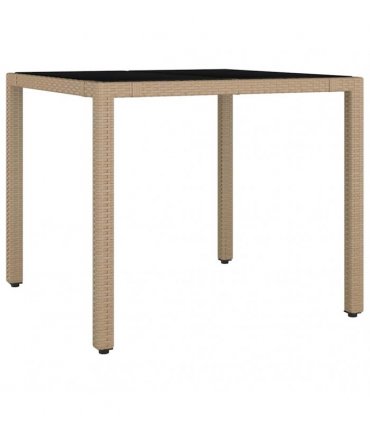 vidaXL Garden Table with Glass Top Beige Poly Rattan&Tempered Glass — Size: 90 x 90 x 75 cm