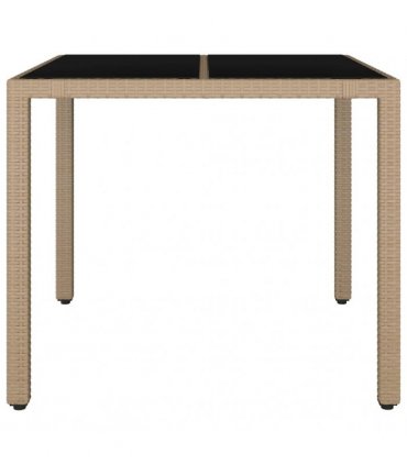 vidaXL Garden Table with Glass Top Beige Poly Rattan&Tempered Glass — Size: 90 x 90 x 75 cm