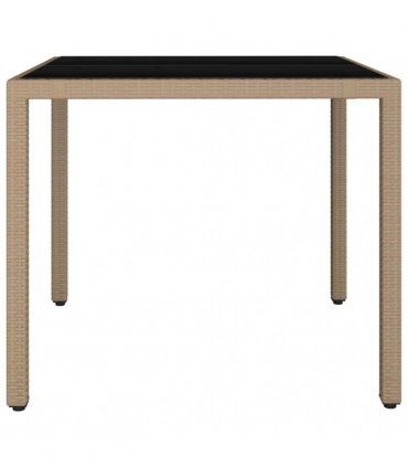 vidaXL Garden Table with Glass Top Beige Poly Rattan&Tempered Glass — Size: 90 x 90 x 75 cm