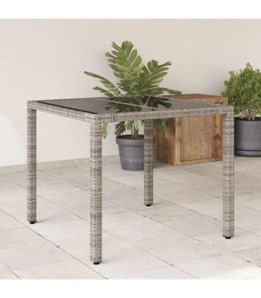 vidaXL Garden Table with Glass Top Grey 90x90x75 cm Poly Rattan — Size: 90 x 90 x 75 cm
