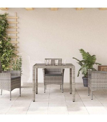 vidaXL Garden Table with Glass Top Grey 90x90x75 cm Poly Rattan — Size: 90 x 90 x 75 cm