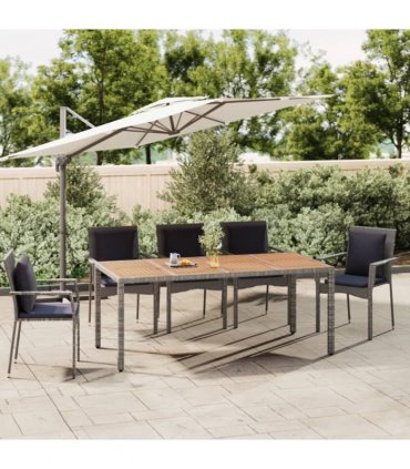 vidaXL Garden Table with Wooden Top Grey Poly Rattan&Solid Wood Acacia — Size: 190 x 90 x 75 cm