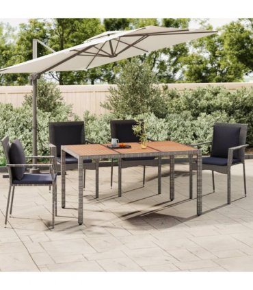vidaXL Garden Table with Wooden Top Grey Poly Rattan&Solid Wood Acacia — Size: 150 x 90 x 75 cm