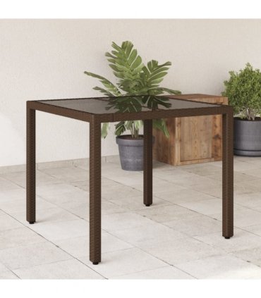 vidaXL Garden Table with Glass Top Brown 90x90x75 cm Poly Rattan — Size: 90 x 90 x 75 cm