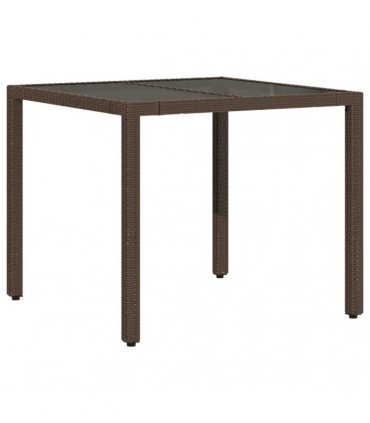 vidaXL Garden Table with Glass Top Brown 90x90x75 cm Poly Rattan — Size: 90 x 90 x 75 cm