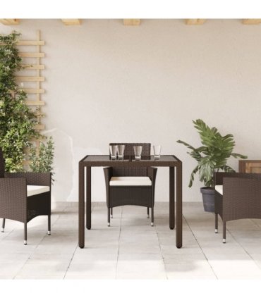 vidaXL Garden Table with Glass Top Brown 90x90x75 cm Poly Rattan — Size: 90 x 90 x 75 cm