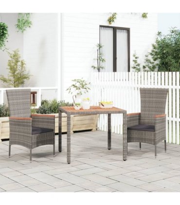 vidaXL Garden Table with Wooden Top Grey Poly Rattan&Solid Wood Acacia — Size: 90 x 90 x 75 cm