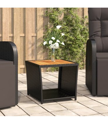vidaXL Tea Table with Wooden Top Black Poly Rattan&Solid Wood Acacia