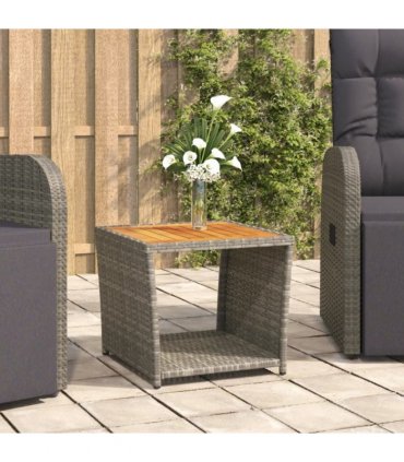 vidaXL Tea Table with Wooden Top Grey Poly Rattan&Solid Wood Acacia