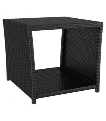 vidaXL Tea Table with Glass Top Black Poly Rattan&Tempered Glass