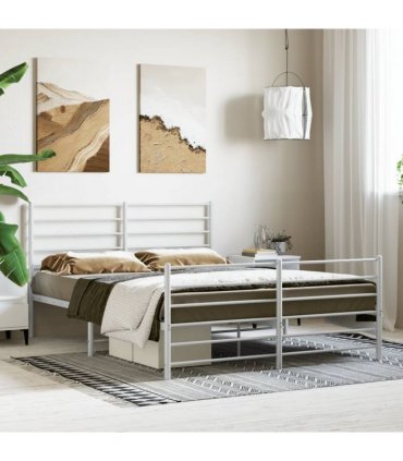 vidaXL Metal Bed Frame without Mattress with Footboard Whi — Size: 160 x 200 cm, Model: with headboard & footboard — V0671963379