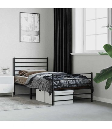 vidaXL Metal Bed Frame without Mattress with Footboard Blac — Size: 90 x 200 cm, Model: with headboard & footboard — V0671963411