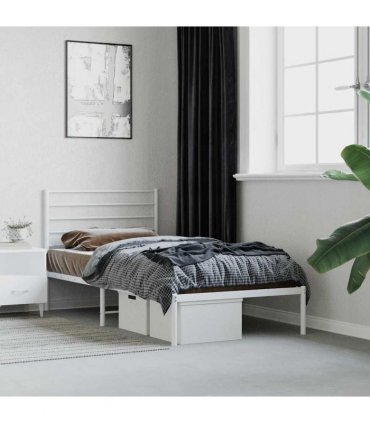 vidaXL Metal Bed Frame without Mattress with Headboard White 90x200cm — Size: 90 x 200 cm