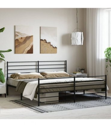 vidaXL Metal Bed Frame without Mattress with Footboard Black 200x200cm — Size: 200 x 200 cm, Model: with headboard & footboard