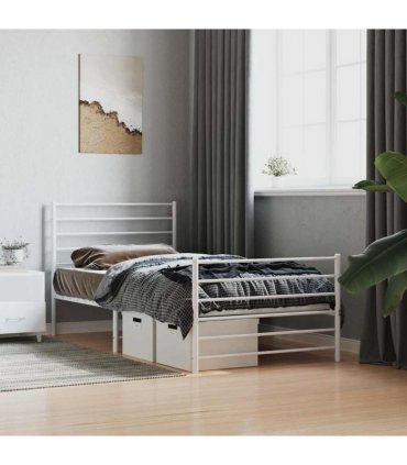 vidaXL Metal Bed Frame without Mattress with Footboard White 90x190cm — Size: 90 x 190 cm, Model: with headboard & footboard