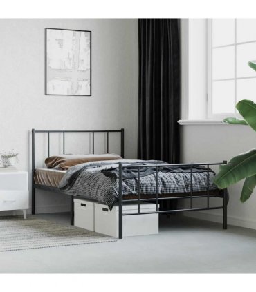 vidaXL Metal Bed Frame without Mattress with Footboard Blac — Size: 90 x 190 cm, Model: with headboard & footboard — V0671963472