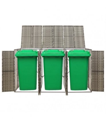 vidaXL Triple Wheelie Bin Shed Grey 207x80x117 cm Poly Rattan — Size: 3 bins