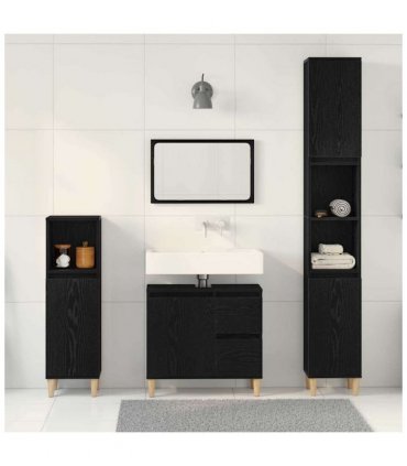 vidaXL Bathroom Furniture Set Wall-mounted with Door 3 pcs Black Oak — V0671964199