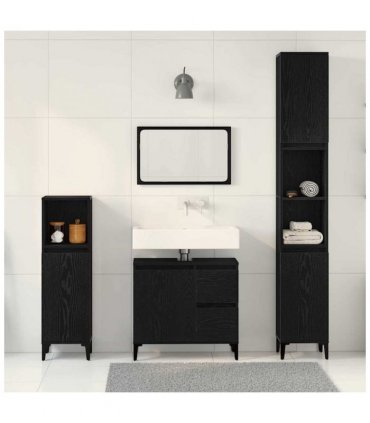 vidaXL Bathroom Furniture Set Wall-mounted with Door 3 pcs Black Oak — V0671964203
