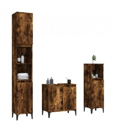 vidaXL 3 Piece Bathroom Furniture Set Smoked Oak Engineered Wood — V0671964209