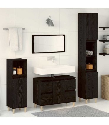 vidaXL Bathroom Furniture Set Wall-mounted with Door 3 pcs Black Oak — V0671964217