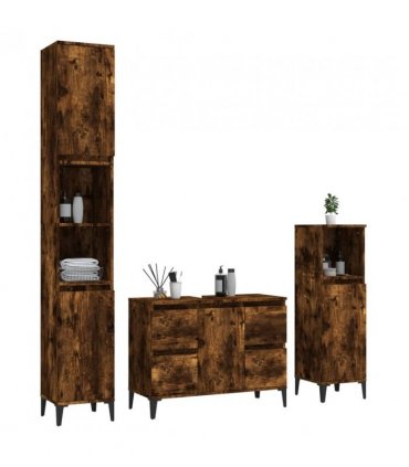 vidaXL 3 Piece Bathroom Furniture Set Smoked Oak Engineered Wood — V0671964221