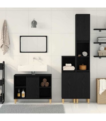 vidaXL Bathroom Furniture Set with Storage 3 pcs Black Engineered wood — Colour: Black oak