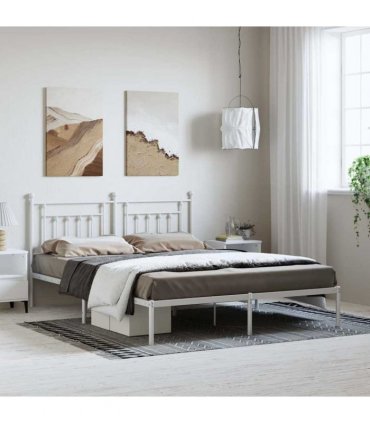 vidaXL Bed Frame | White | Powder-Coated Steel | Double | Bed Frame — Size: 183 x 213 cm, Model: with headboard