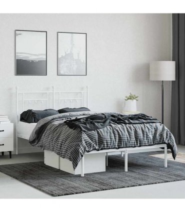 vidaXL Bed Frame | White | Powder-Coated Steel | Double | Bed Frame — Size: 120 x 200 cm, Model: with headboard — V0671964837