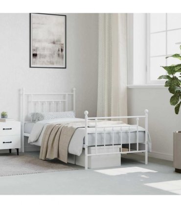 vidaXL Metal Bed Frame without Mattress with Footboard Whit — Size: 90 x 190 cm, Model: with headboard & footboard — V0671964841