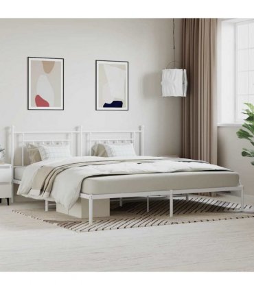 vidaXL Bed Frame | White | Steel | Double | Bed Frame | Rectangular | Industrial — Size: 200 x 200 cm, Model: with headboard