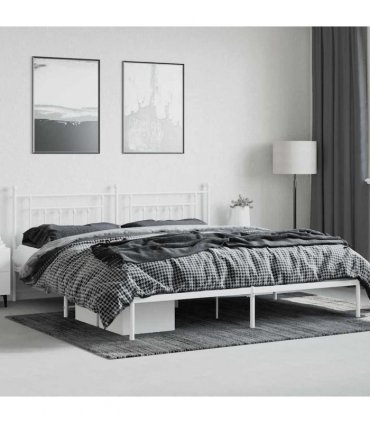 vidaXL Bed Frame | White | Steel | Double | Bed Frame | Rectangular | Industrial — Size: 200 x 200 cm, Model: with headboard