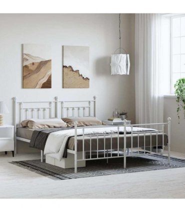 vidaXL Bed Frame | White | Powder-Coated Steel | Double | Double Bed Fra — Size: 183 x 213 cm, Model: with headboard & footboard
