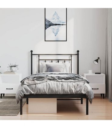 vidaXL Bed Frame | Black | Powder-Coated Steel | Single | Bed Frame — Size: 100 x 190 cm, Model: with headboard