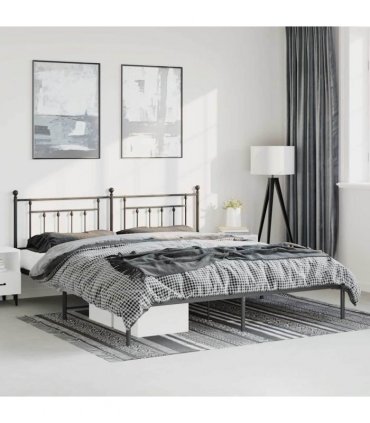 vidaXL Bed Frame | Black | Powder-Coated Steel | Double | Bed Frame — Size: 193 x 203 cm, Model: with headboard