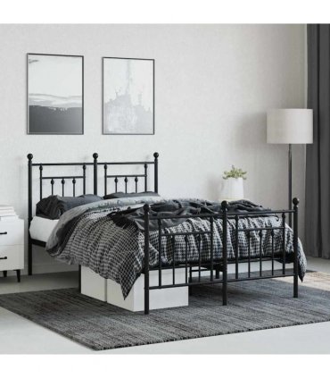 vidaXL Bed Frame | Black | Powder-Coated Steel | Small Double | Metal Be — Size: 120 x 190 cm, Model: with headboard & footboard