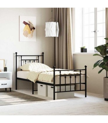 vidaXL Metal Bed Frame without Mattress with Footboard Black 75x190cm — Size: 75 x 190 cm, Model: with headboard & footboard