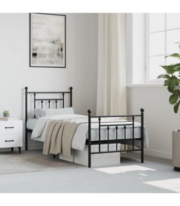 vidaXL Metal Bed Frame without Mattress with Footboard Black 75x190cm — Size: 75 x 190 cm, Model: with headboard & footboard