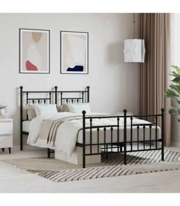 vidaXL Bed Frame | Black | Powder-Coated Steel | Double | Durable | Bed — Size: 120 x 200 cm, Model: with headboard & footboard