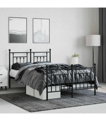 vidaXL Bed Frame | Black | Powder-Coated Steel | Double | Durable | Bed — Size: 120 x 200 cm, Model: with headboard & footboard